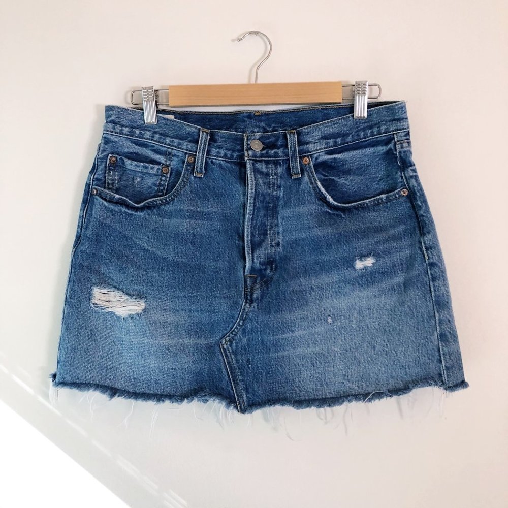 Levis Distressed High Rise Blue Jean Skirt with Raw Hem | 30 - Picture 2 of 11